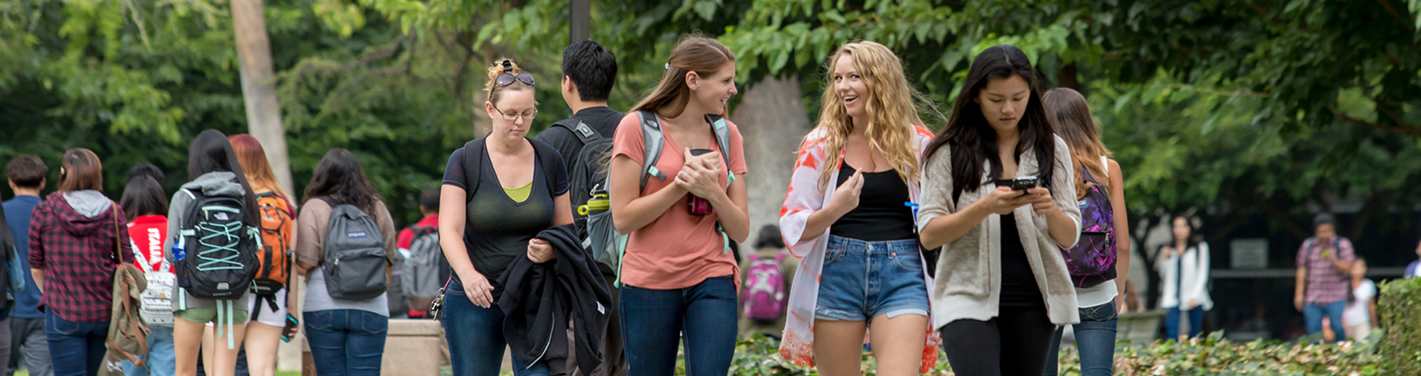 Students outside walking along path on campus