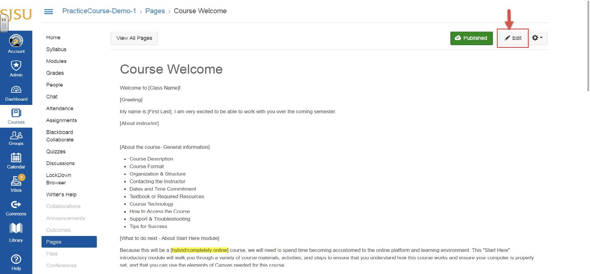 Import SJSU template to Course in Canvas image