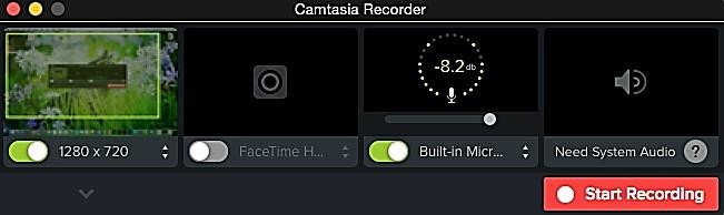 Camtasia Recorder window showing screen size, FaceTime camera, microphone, and system audio options with a Start Recording button