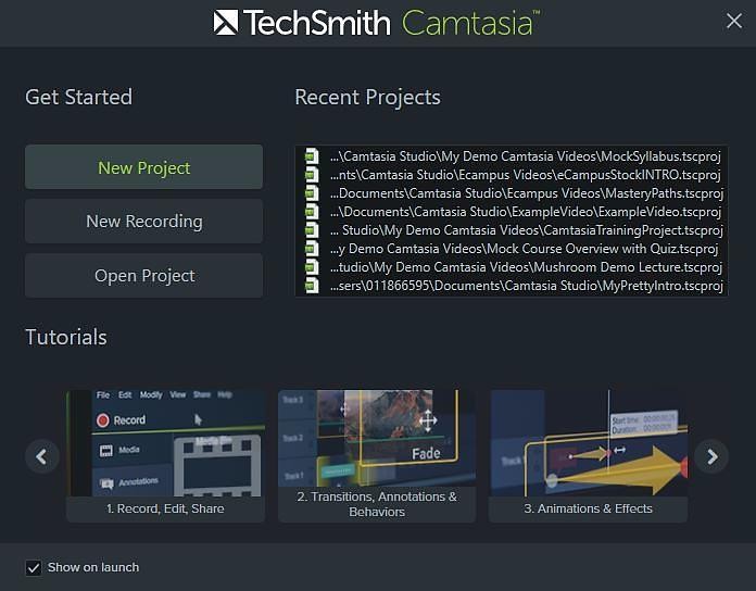 Camtasia Welcome Window with New Project, New Recording, and Open Project options and a list of recent projects