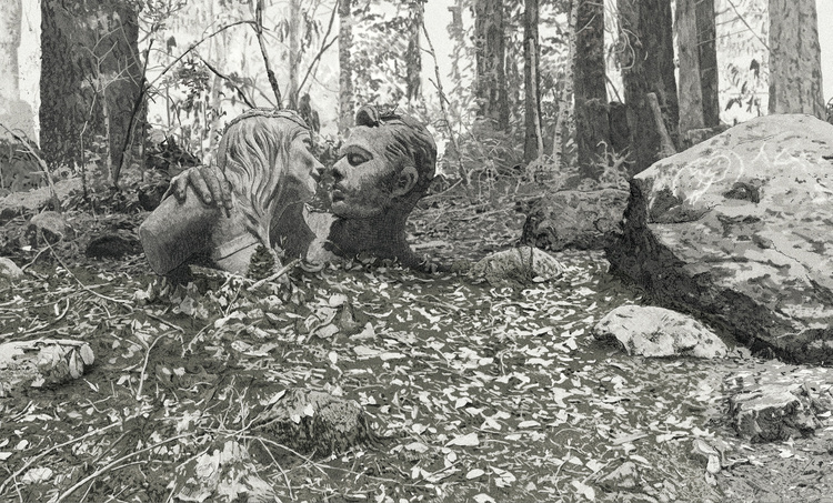 BW sculpture of two people in the woods embracing.