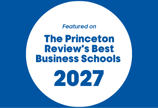 Blue and white badge showcasing that SJSU was featured on The Princeton Review's Best Business Schools for 2027