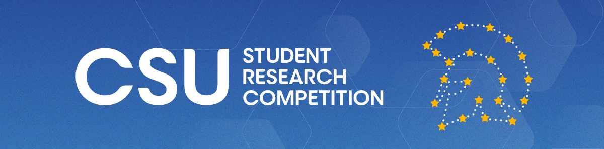 blue banner with white csu student research competition and spartan head constellation logo