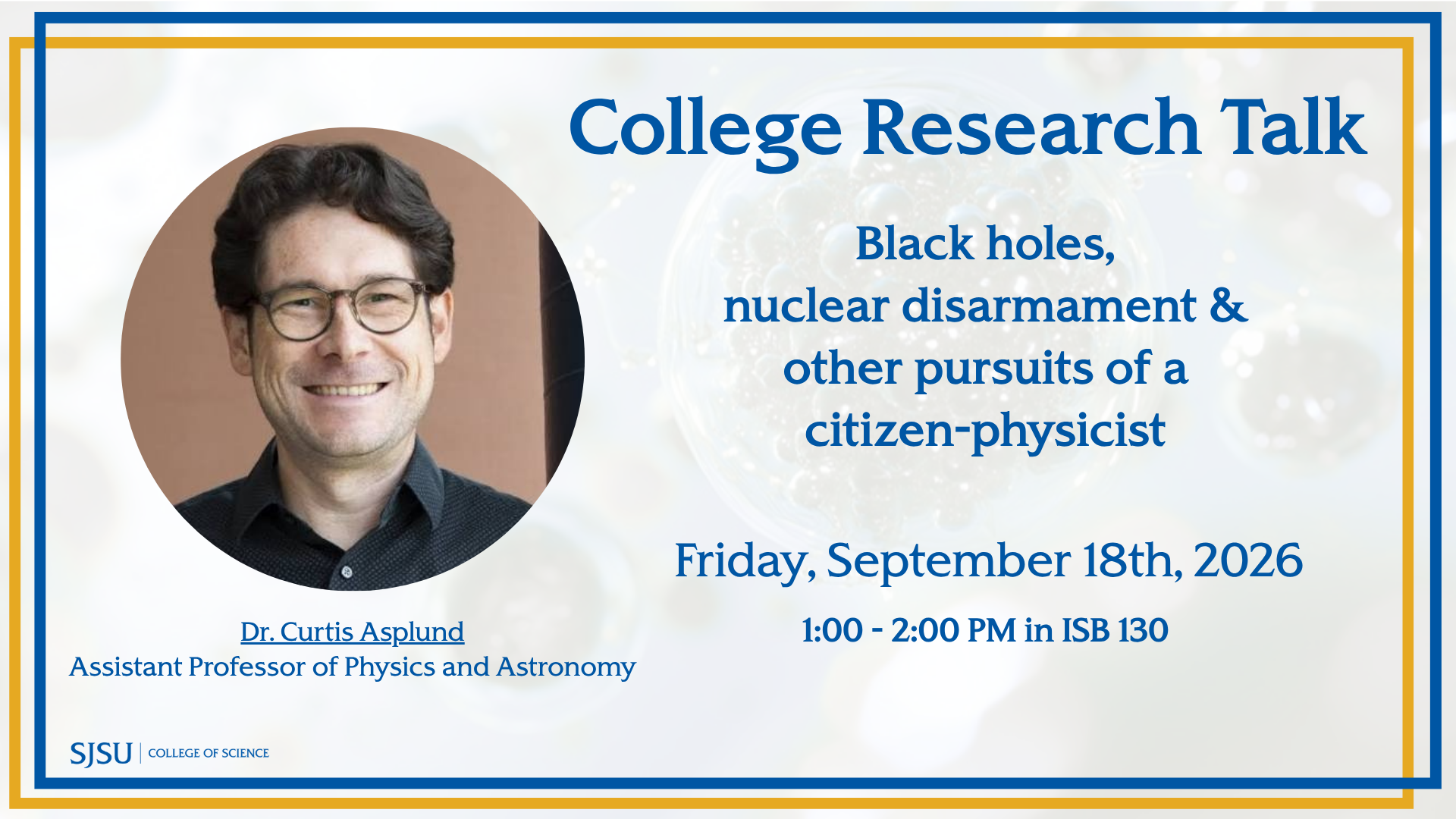 College research talk flyer for Dr. Curtis Asplund