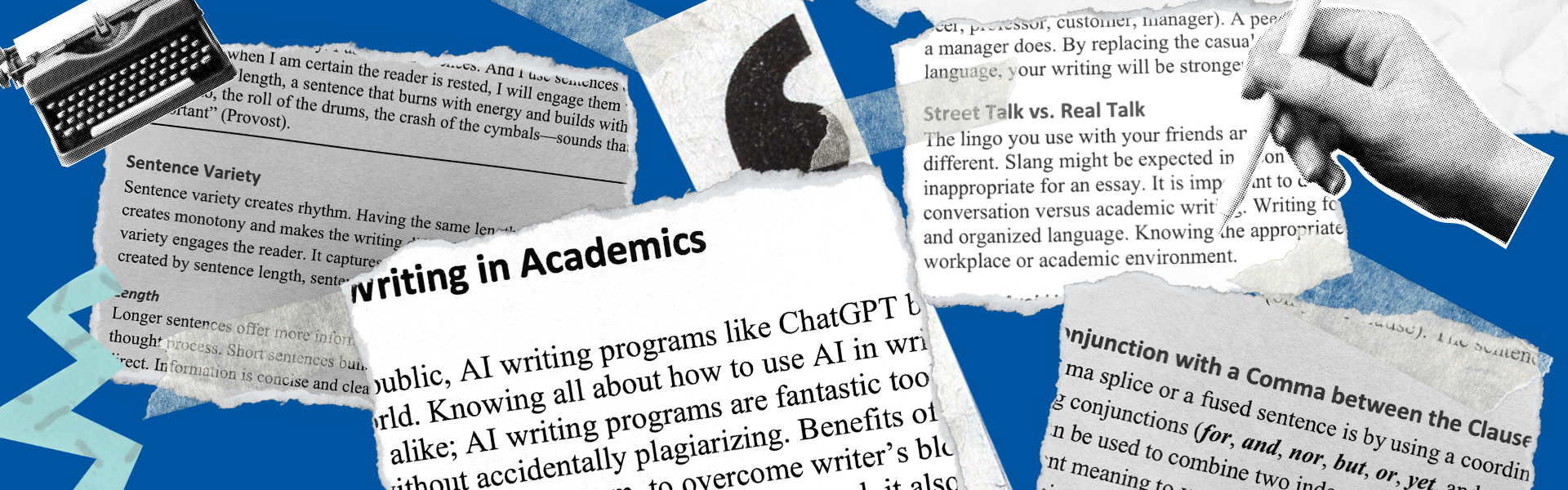 Graphic art of various writing handout text with overlaying writing-related icons